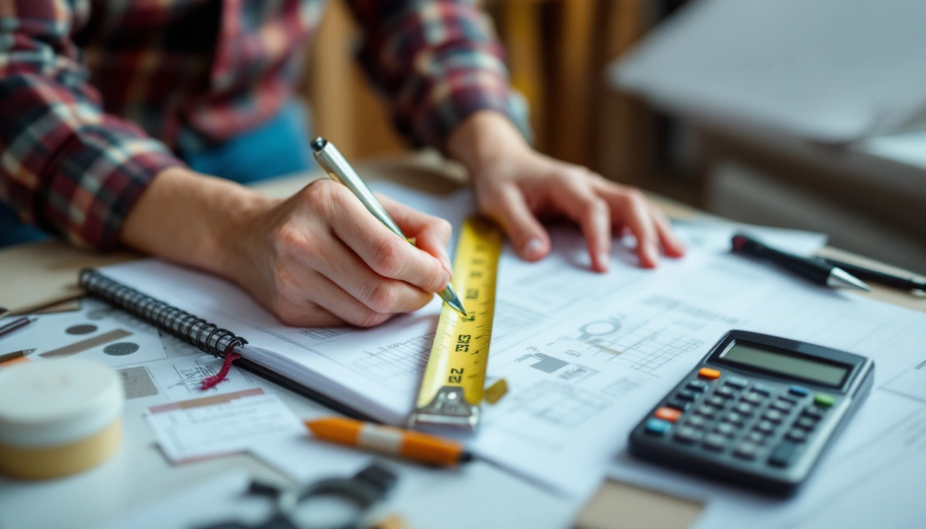 Hands writing beside measuring tapes, a notebook and a calculator